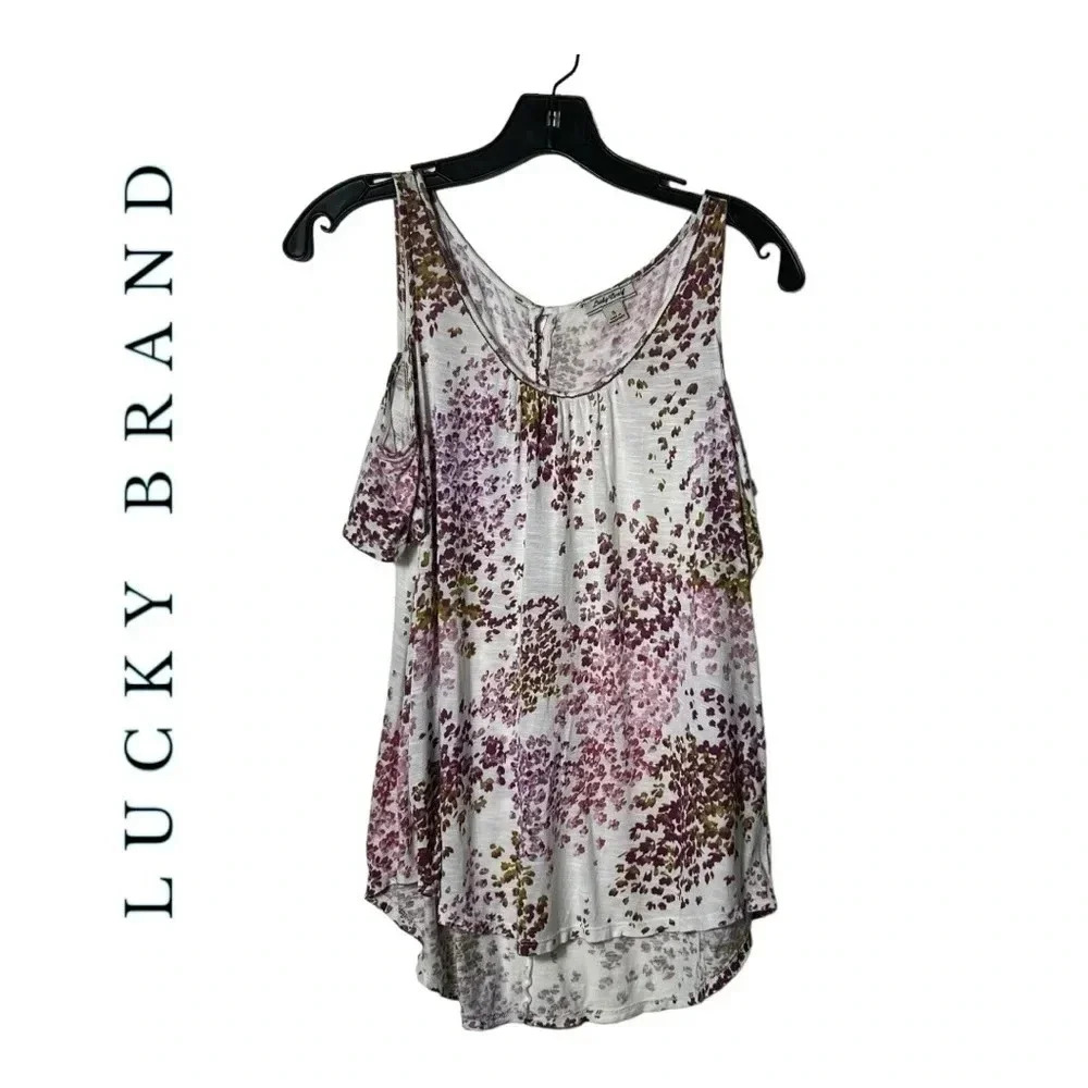 1905. LUCKY BRAND‎ COLD SHOULDER TOP BEADING AROUND NECK SIZE SMALL FLORAL WHITE